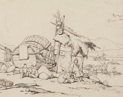 Vieil homme et enfants assis, cuisinant - George Chinnery