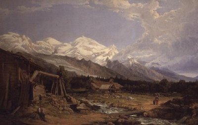 Paysage alpin avec des personnages près d