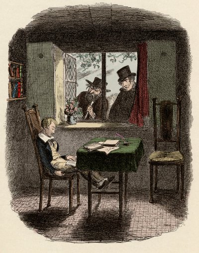 Monks et Fagin observant Oliver dormant dans la bibliothèque des Maylie - Illustration pour « Oliver Twist » de Charles Dickens, par George Cruikshank - George Cruikshank