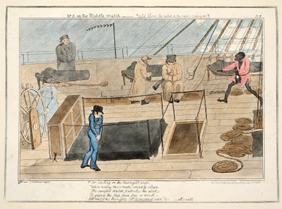 M. B en veille de nuit - le vent souffle froid et la pluie arrive, de The Progress of a Midshipman, pub. 1835 - George Cruikshank