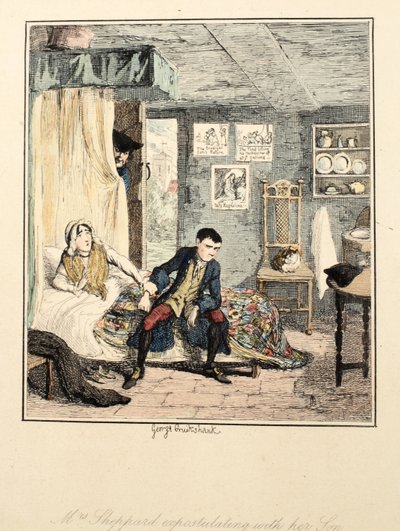 Mme Sheppard réprimandant son fils, illustration de Jack Sheppard : Une romance par William Harrison Ainsworth, publié 1839 (eau-forte en couleur) - George Cruikshank