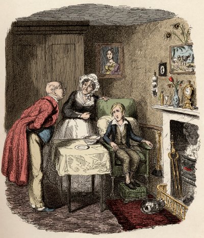 Oliver est recueilli et soigné par M. Brownlow et sa gouvernante Mme Bedwin - Oliver se remet de la fièvre - Illustration pour 