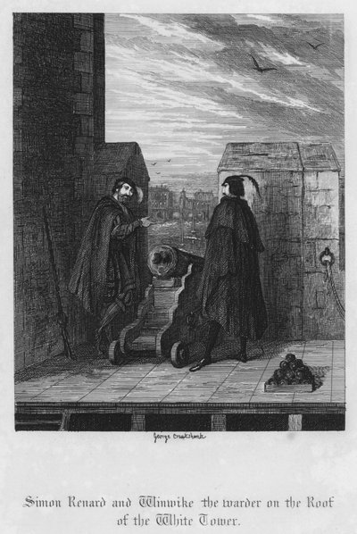 Simon Renard et Winwike le gardien sur le toit de la Tour Blanche (gravure) - George Cruikshank