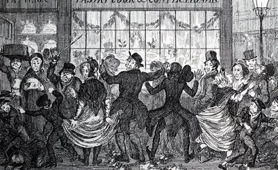 Gamins des rues causant des ravages dans la foule devant une confiserie et une pâtisserie lors de la Nuit des Rois - George Cruikshank