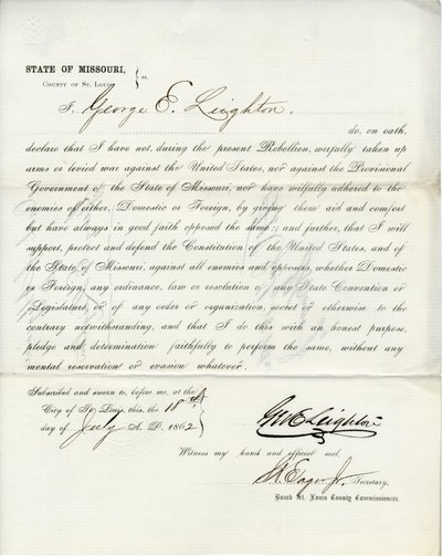 Serment de loyauté de George E. Leighton du Missouri, Comté de St. Louis - George Eliot Leighton