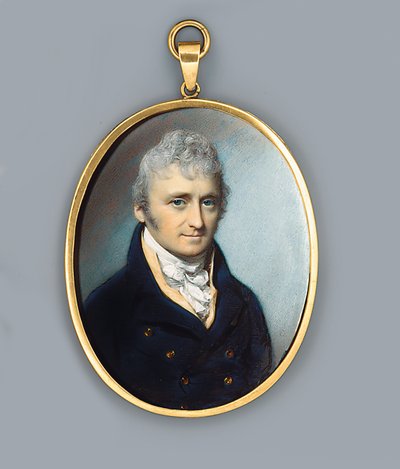 M. Uthoff, en manteau bleu avec boutons dorés, gilet couleur buff et cravate nouée, cheveux bouclés poudrés, 1805 - George Engleheart
