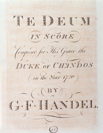 Page de titre de la partition musicale de Te Deum par G F Handel - George Frederick Handel