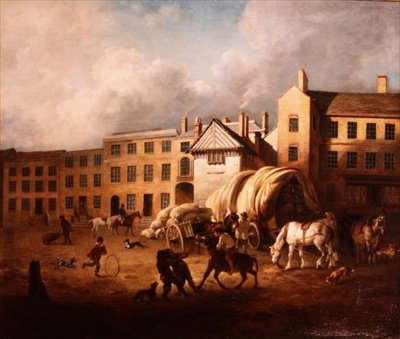 Scène de ville du XVIIIe siècle avec des figures et des chevaux dans une cour - George Garrard