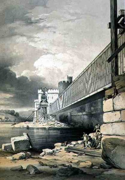 Pont tubulaire de Conway, avec les préparatifs pour lever le deuxième tube, publié en 1849 - George Hawkins