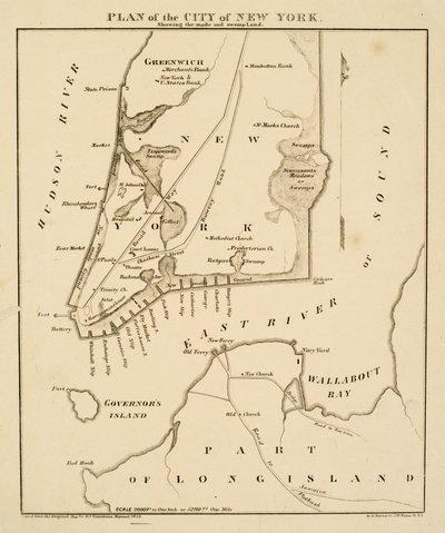 Plan de la ville de New York montrant les terres gagnées et les marécages, 1856 - George Hayward