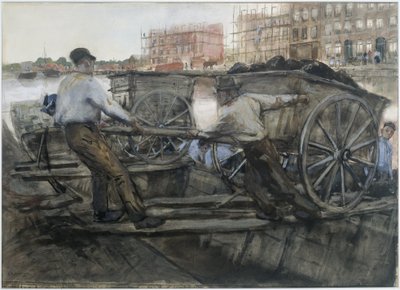 Travailleurs tirant une charrette lourdement chargée sur Jacob van Lennepkade, Amsterdam - George Hendrik Breitner