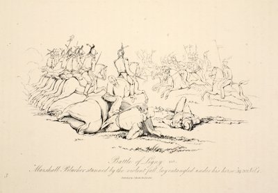 Bataille de Ligny : le maréchal Blucher étourdi par la chute violente, enchevêtré sous son cheval, publié par J. Booth, 1816 - George Jones
