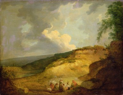 Un vaste paysage montagneux avec un campement de gitans au premier plan - George Morland