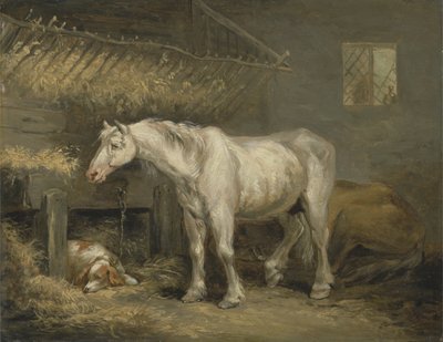 Vieux chevaux avec un chien dans une écurie - George Morland