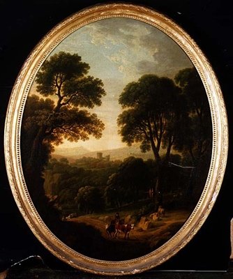 Paysage boisé avec paysans et bétail sur un chemin - George Mullins