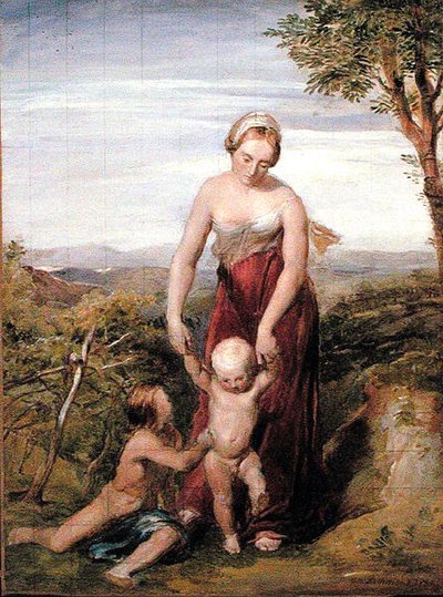 Une femme avec deux enfants dans un paysage vallonné - George Richmond