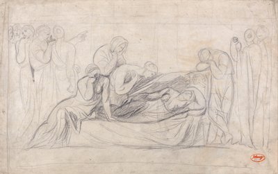 Figures en deuil devant le cercueil d