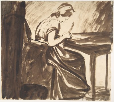 Une dame assise à une table (recto) ; Personnages dansant (verso) - George Romney