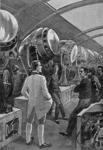 Mécaniciens devant leurs machines, dessin de Roux dans « La journée d