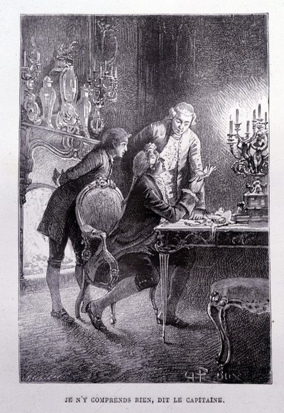 Jeune Jim Hawkins, Chevalier Trelawnay et Docteur Livesey se réconcilient dans un salon - dans "L
