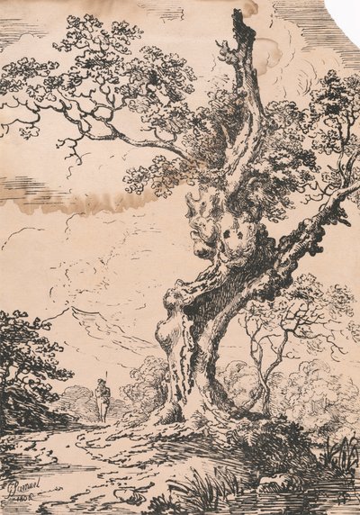 Homme et grand arbre dans le paysage - George Samuel