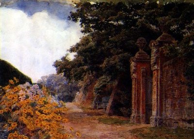 Une bordure de jardin avec un mur et une porte - George Samuel Elgood