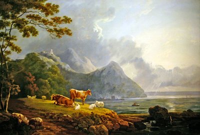 Un paysage étendu avec des moutons et des vaches - George Senior Barrett