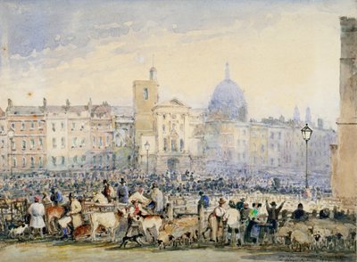 Vue du marché de Smithfield avec des figures et des animaux, City de Londres - George Sidney Shepherd