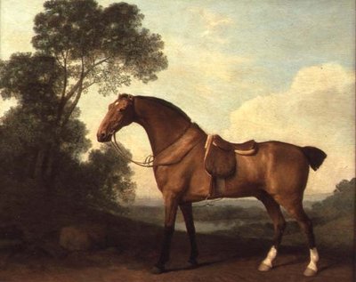 Un chasseur bai sellé dans un paysage avec un lac au-delà - George Stubbs