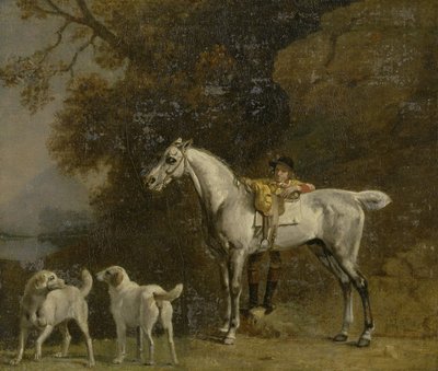 Chasseur avec un cheval gris et deux chiens de chasse : détails du tableau 
