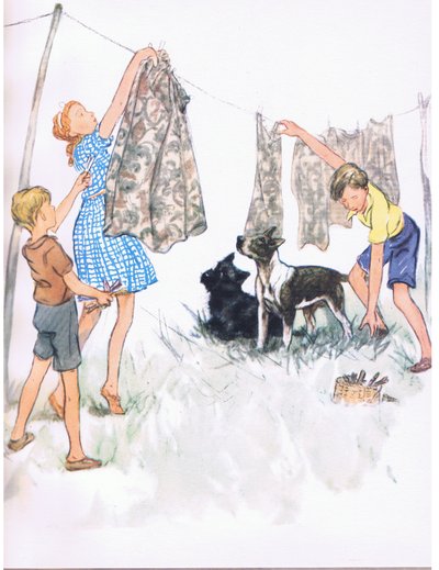 Accrocher le linge sur le fil - Nobby le Bull terrier et Ferdinand l