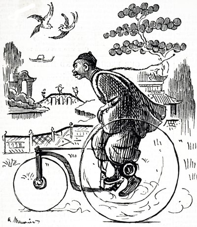 Dessin humoristique représentant un Chinois sur un tricycle dans un parc en Chine. Illustré par George du Maurier (1834-1896), caricaturiste et auteur franco-britannique - George du Maurier