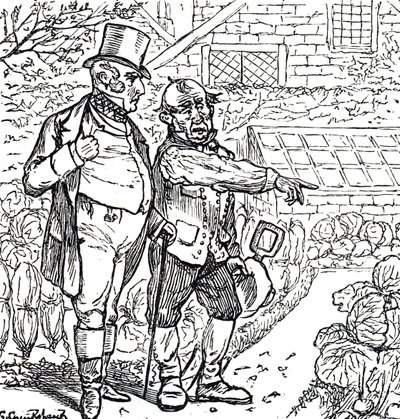 Caricature représentant un gentleman avec le jardinier dans le potager - George du Maurier
