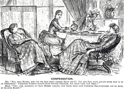 Dessin humoristique représentant une femme utilisant une machine à coudre à manivelle - George du Maurier