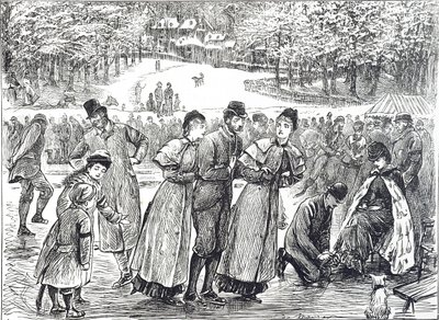 Caricature représentant des patineurs patinant sur un lac gelé - George du Maurier