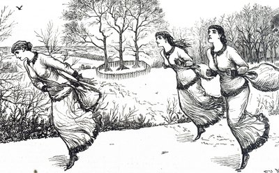 Illustration représentant des filles traçant la piste pour le lièvre et les chiens - George du Maurier