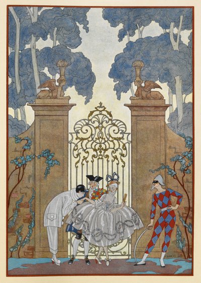 Colombine. Des gens debout devant une porte. Un Pierrot. - Georges Barbier