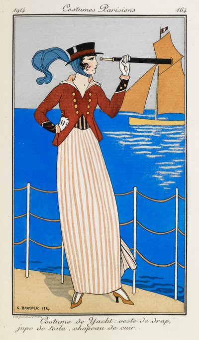 Costume de Yacht : veste de drap, jupe de toile, chapeau de cuir. Une femme portant un costume de yacht : une veste en drap rouge, une jupe en lin rayé, un chapeau en cuir et une écharpe bleue. Elle utilise un télescope, pointant vers le bateau en arrière- - Georges Barbier