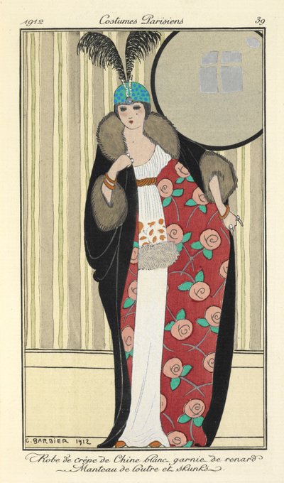 "Robe de crêpe de Chine blanc garnie de renard. Manteau de loutre et skunks" - Georges Barbier