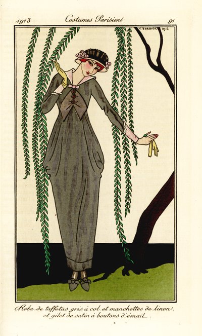Femme en robe de taffetas gris avec col et manchettes de linon, gilet de satin avec boutons d