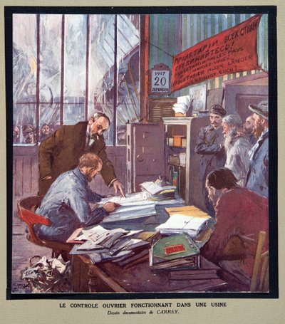 Contrôle ouvrier opérant dans une usine soviétique au moment de la Révolution en 1917, de Histoire des Soviets, pub. 1922 - Georges Carrey