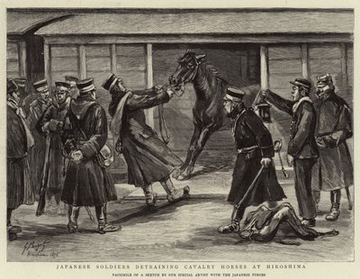 Soldats japonais déchargeant des chevaux de cavalerie à Hiroshima - Georges Ferdinand Bigot