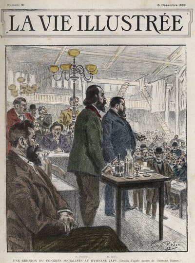 Congrès général des organisations socialistes, tenu à Paris en décembre 1899, au Gymnase Japy - Jean Jaurès (1859-1914) et Eugène Fournier (1857-1914) dessin de Georges Redon - la vie illustrée de 1899 - Georges Redon