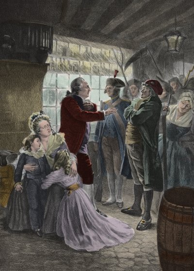 Révolution française : 21 juin 1791 La famille royale (Louis XVI roi de France, la reine Marie-Antoinette et leurs deux enfants Madame Élisabeth la sœur du roi et la gouvernante des enfants) rattrapée à l