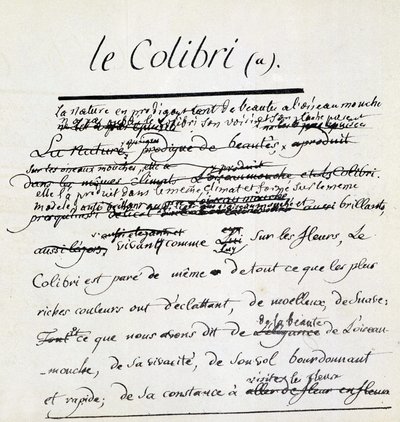 Manuscrit de Buffon sur le Colibri. sd. 18ème siècle - Georges de Buffon