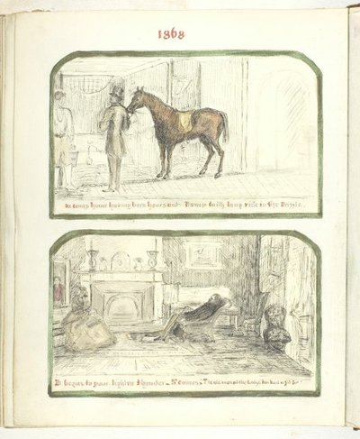 Sans titre [homme avec cheval, et couple se relaxant près du feu] - Georgina Cowper