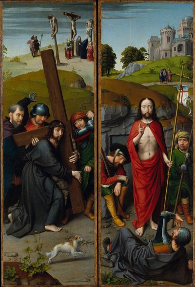Le Christ portant la croix, avec la Crucifixion ; La Résurrection, avec les pèlerins d