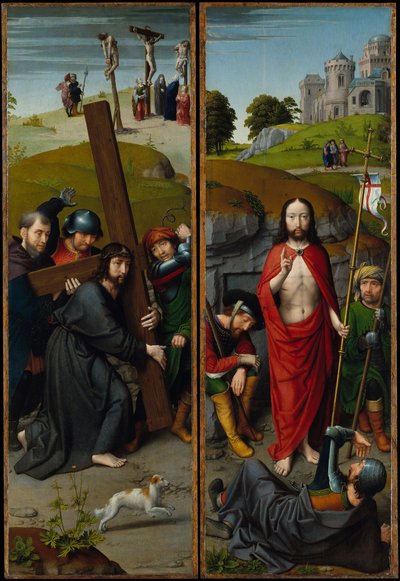 Le Christ portant la Croix, avec la Crucifixion, La Résurrection, avec les Pèlerins - Gerard David