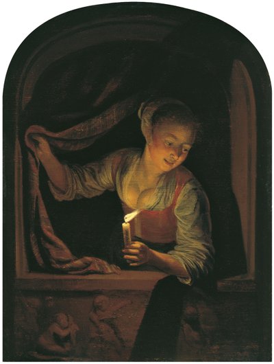 Femme avec une bougie allumée à une fenêtre - Gerrit Dou