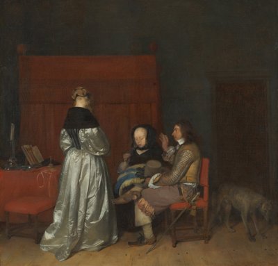Trois figures conversant dans un intérieur L